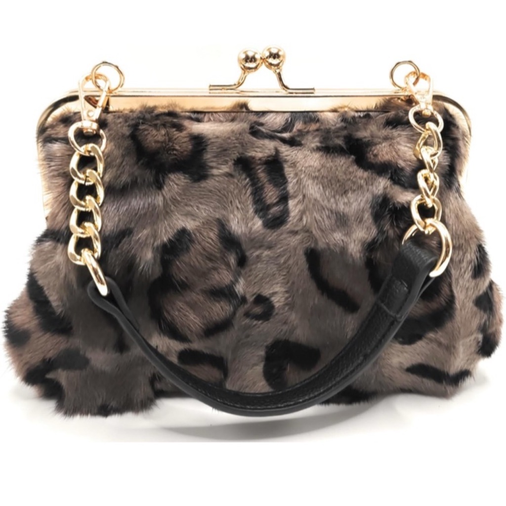 Leopard Print Genuine Mink Fur Kiss-Lock Handbag With Gold Chain